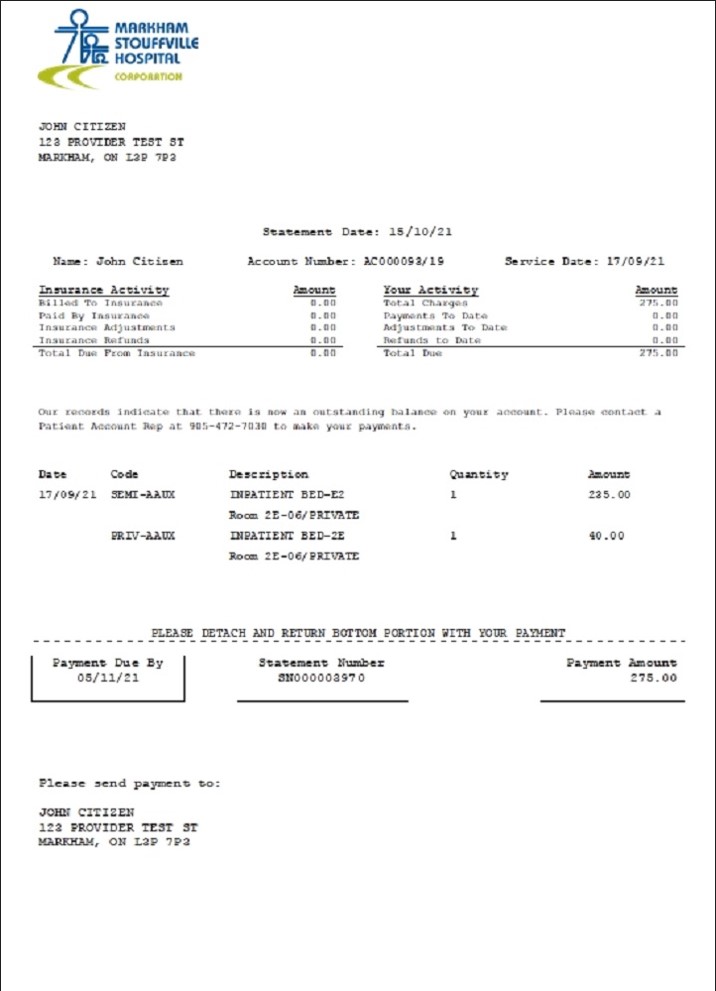 Canada Markham Stouffville Hospital medical insurance statement template in .doc and .pdf format